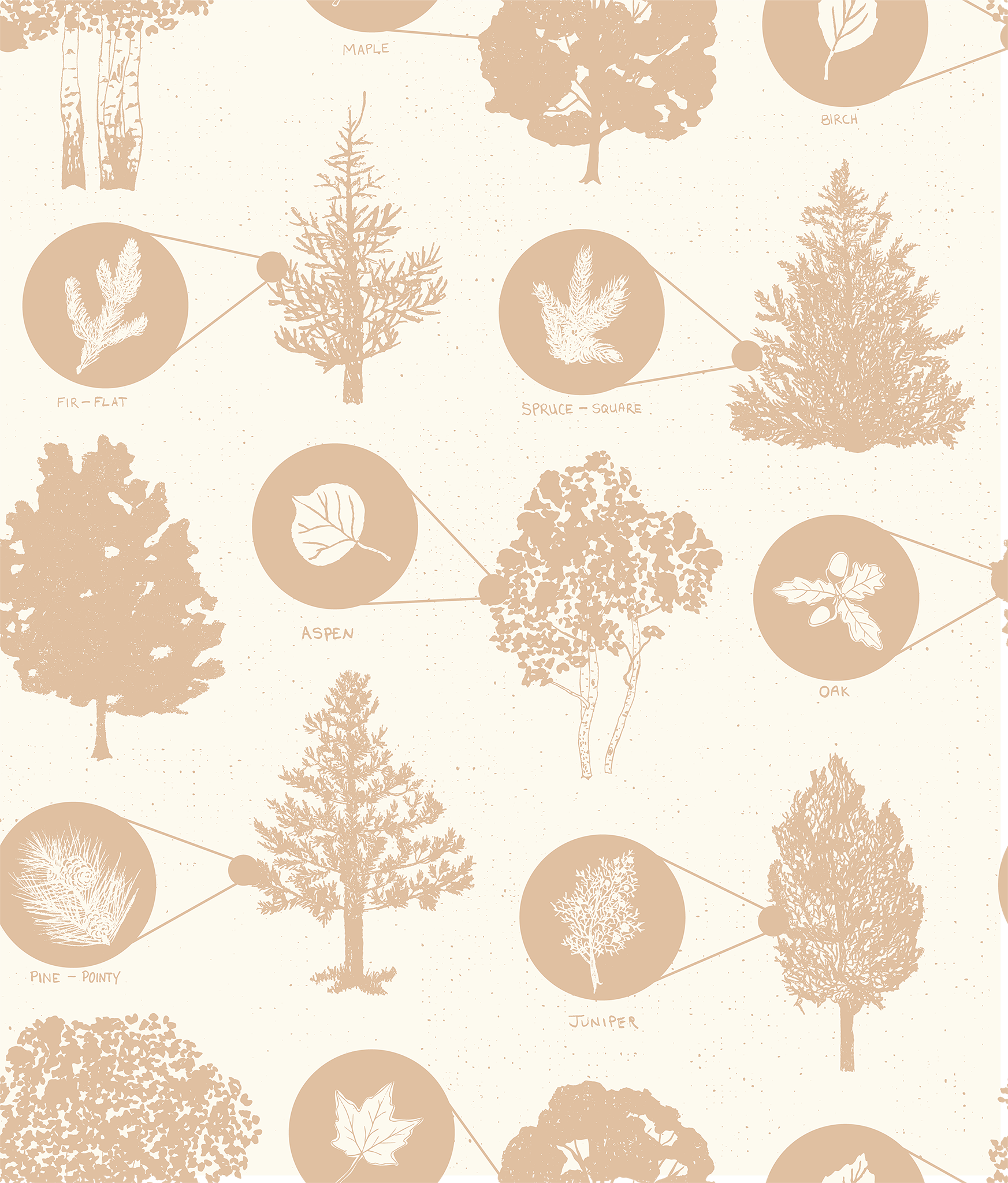 A room with white walls covered in a blue and brown nature-themed wallpaper featuring hand-drawn illustrations of trees and leaves. The room also has wooden furniture and a patterned area rug.